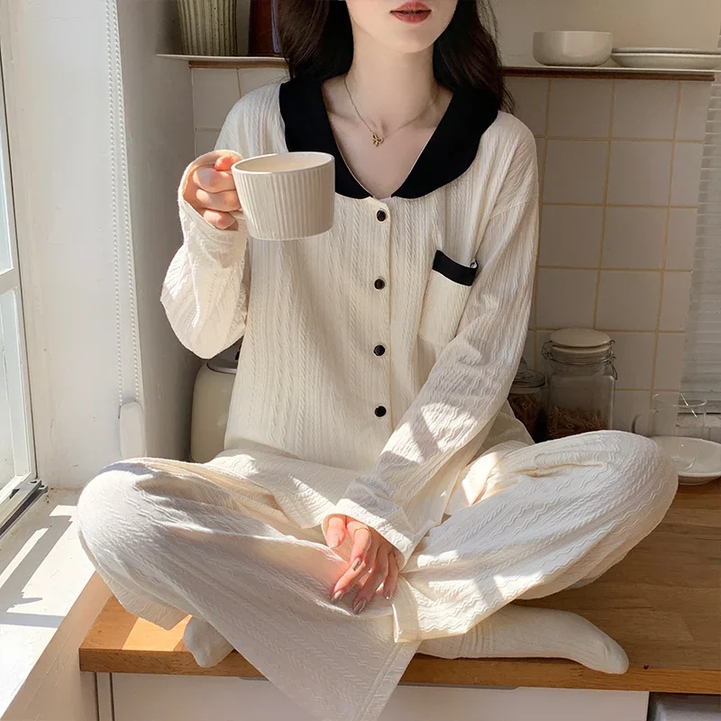 Autumn Pajama Sets Women Home Casual Soft Panelled Sleepwear Gentle Korean Fashion All-match Pockets Lounge Пижама Женская Daily