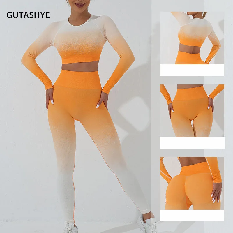 Nahtlose Frauen Yoga Set Workout Trainings anzug Sportswear Sport kleidung Fitness Langarm Crop Top High Taille Leggings Gradient Anzug