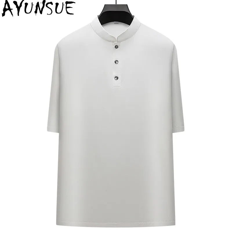

AYUNSUE 22mm 92% Natural Mulberry Silk Polo Shirt Man Summer Top Luxury 2026 Stand Collar Vintage Polo T Shirts Polo De Hombre