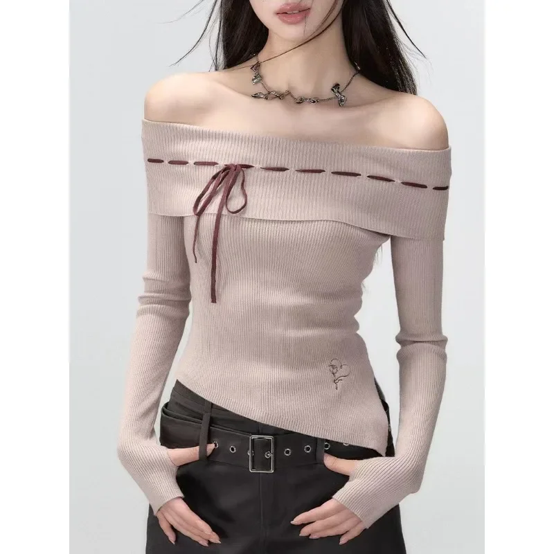 2024 Autumn for Women Crop Tops Vintage Korean Retro High Street off shoulder Bandage Irregular Sweater Knit Pullover Tops