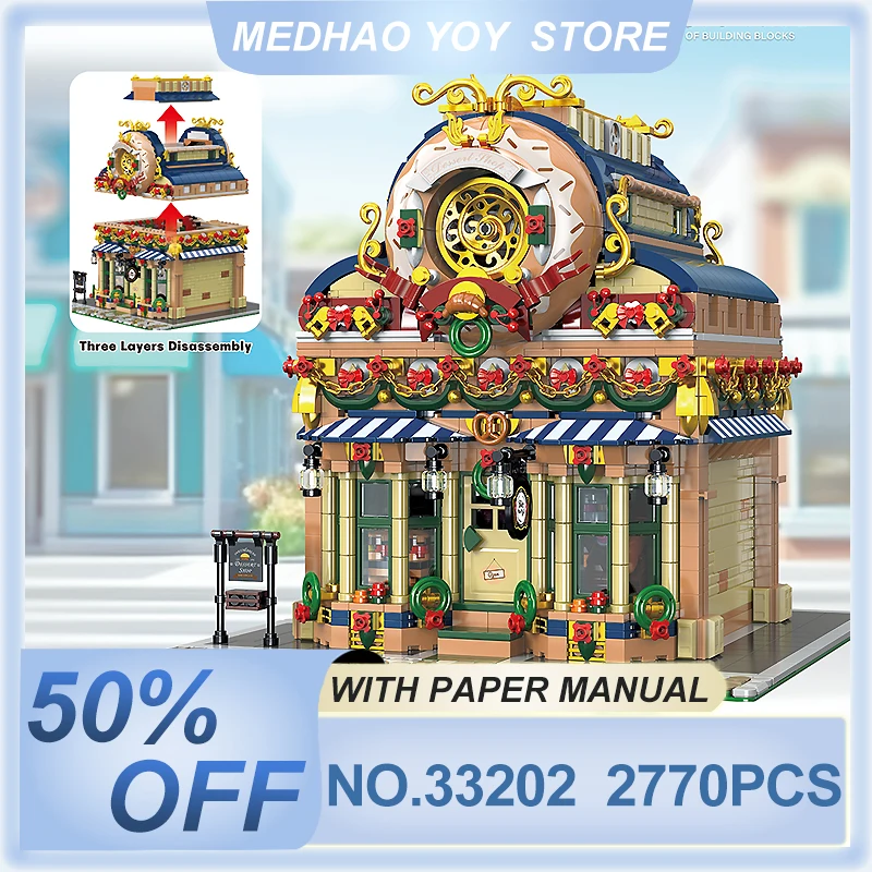 New MOC 33202 Street View Donut Dessert Workshop Model Building Blocks Bricks Construction DIY Toys for Children Birthday Gifts