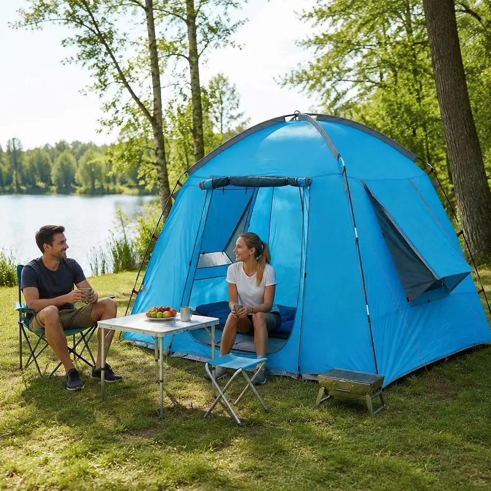 Tente de camping avec toit bleu 210x210x138cm en polyester, portable, imperméable, abri de jardin pour le camping en plein air