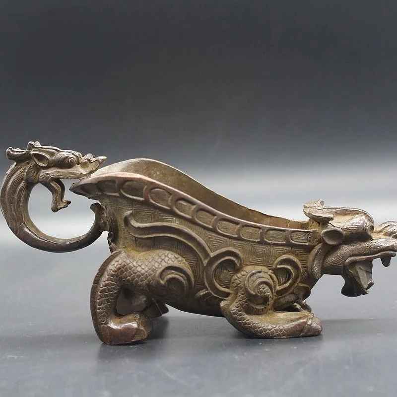 Chinese Archaic Bronze Dragon-Beast Wine Jue Cup Warring States Style Ritual Vessel Deep Relief Carving Aged Patina Home Decor