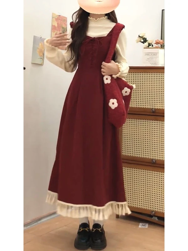 Elegant Red Tassel Vest Dress Two-Piece Set Layering Base Shirt College Style Fashion Women's Clothing Winter Season view 3