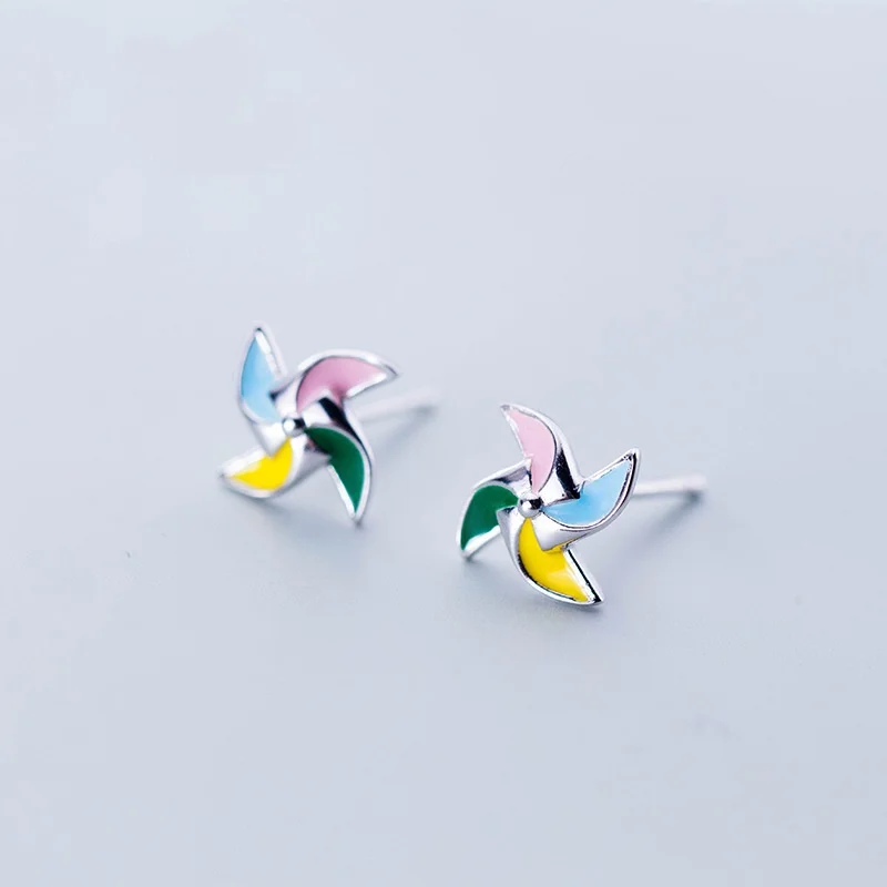 RYJU 925 Sterling Silver Cute Rotating Windmill Stud Earrings for Women Small Fresh Color Windmill Earrings Personality Jewelry