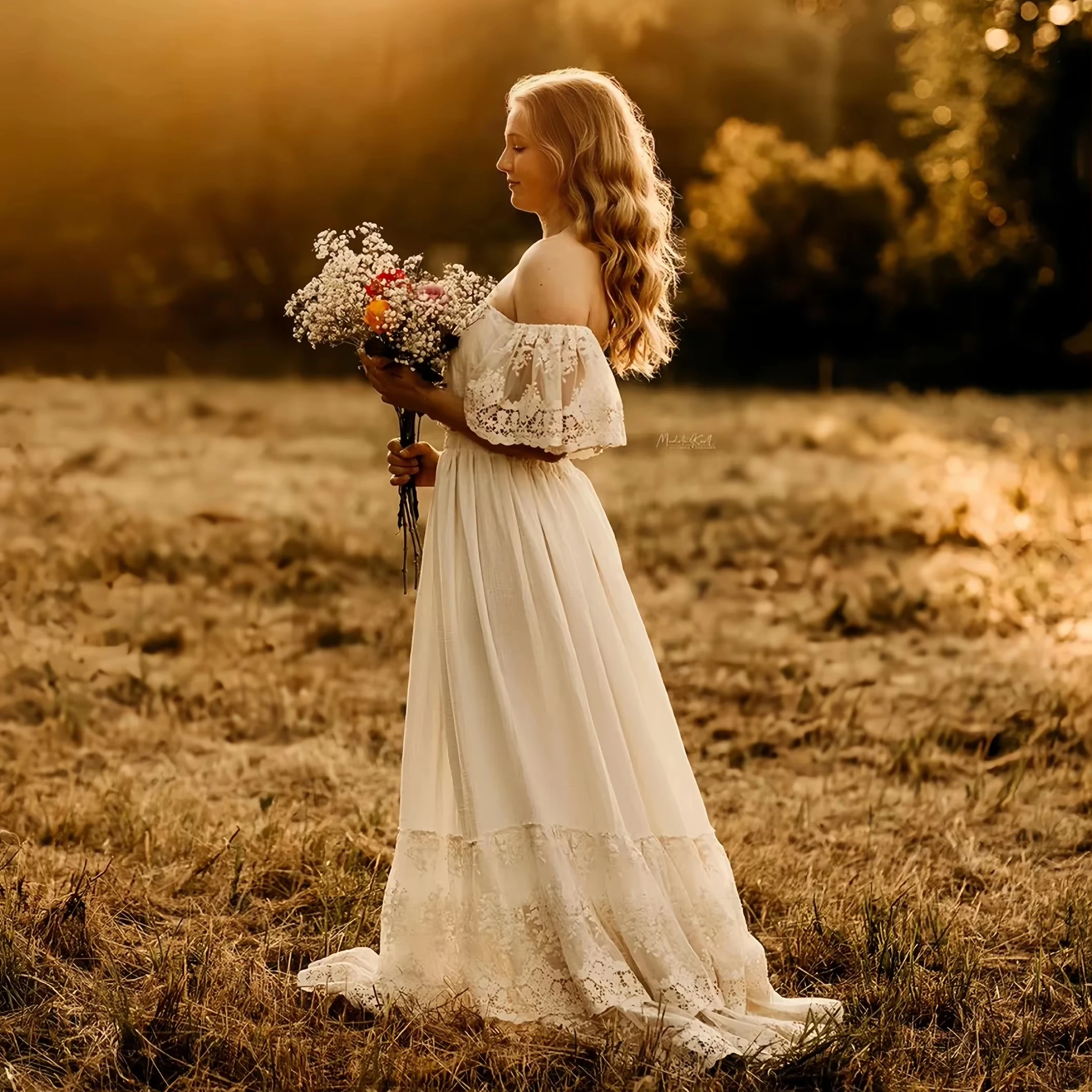 Boho-Spitzen-Umstandskleid, Fotoshooting, schulterfrei, für Schwangerschaft, Fotografie, Babyparty, schwangere Frauen, zweiteiliges Set