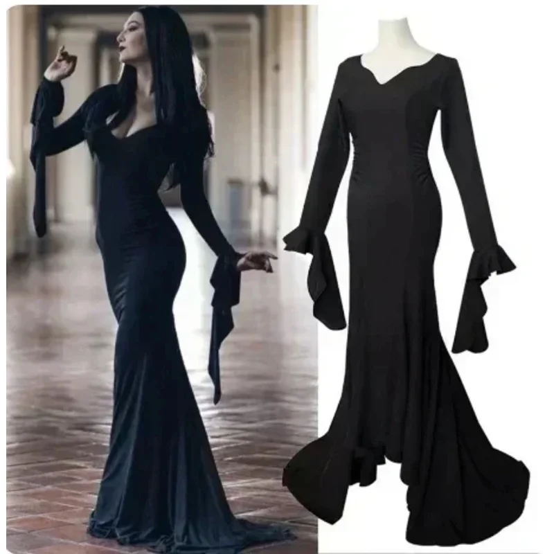 2025 yiyi quarta-feira addams família uniforme vestido filme morticia cosplay traje perucas pretas para mulheres halloween carnaval a