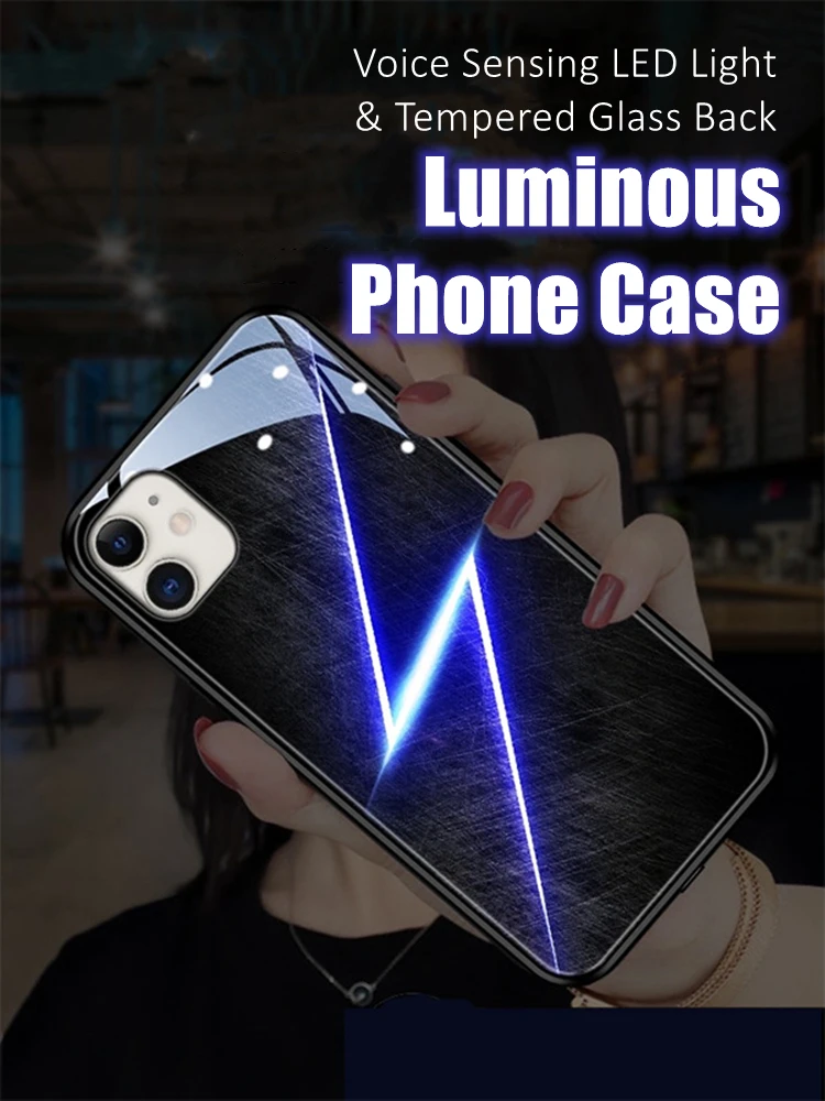 

Lightning Colorful LED Light Glowing Luminous Tempered Glass Back Phone Case for iPhone 11 12 13 14 15 X Xs Xr Mini Pro Max Plus