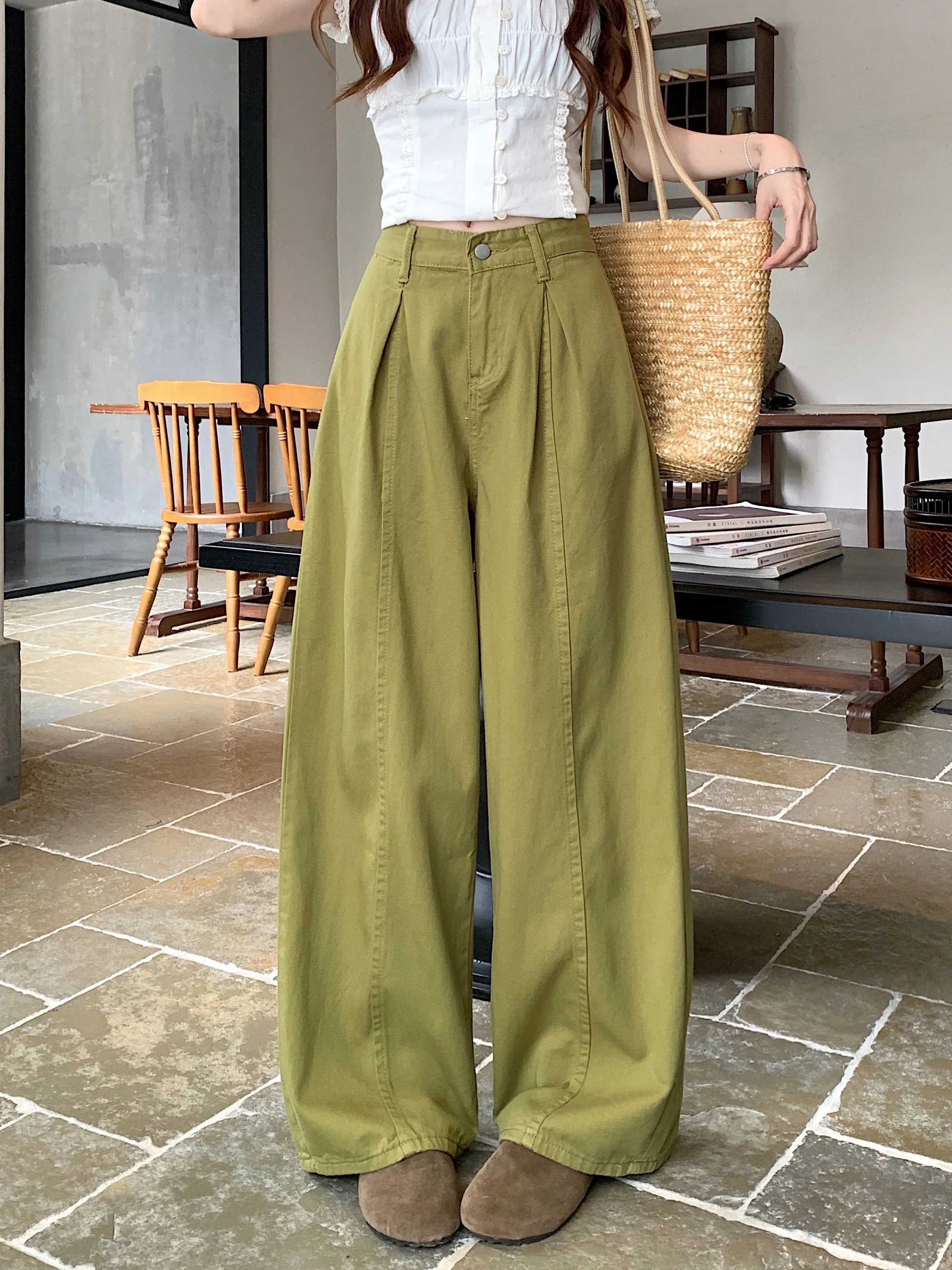 

High Waist Loose Fit Summer Casual Women's Jeans Avocado Green Wide Leg Pants Stylish Loose Jeans High Waist Wide Leg Trousers