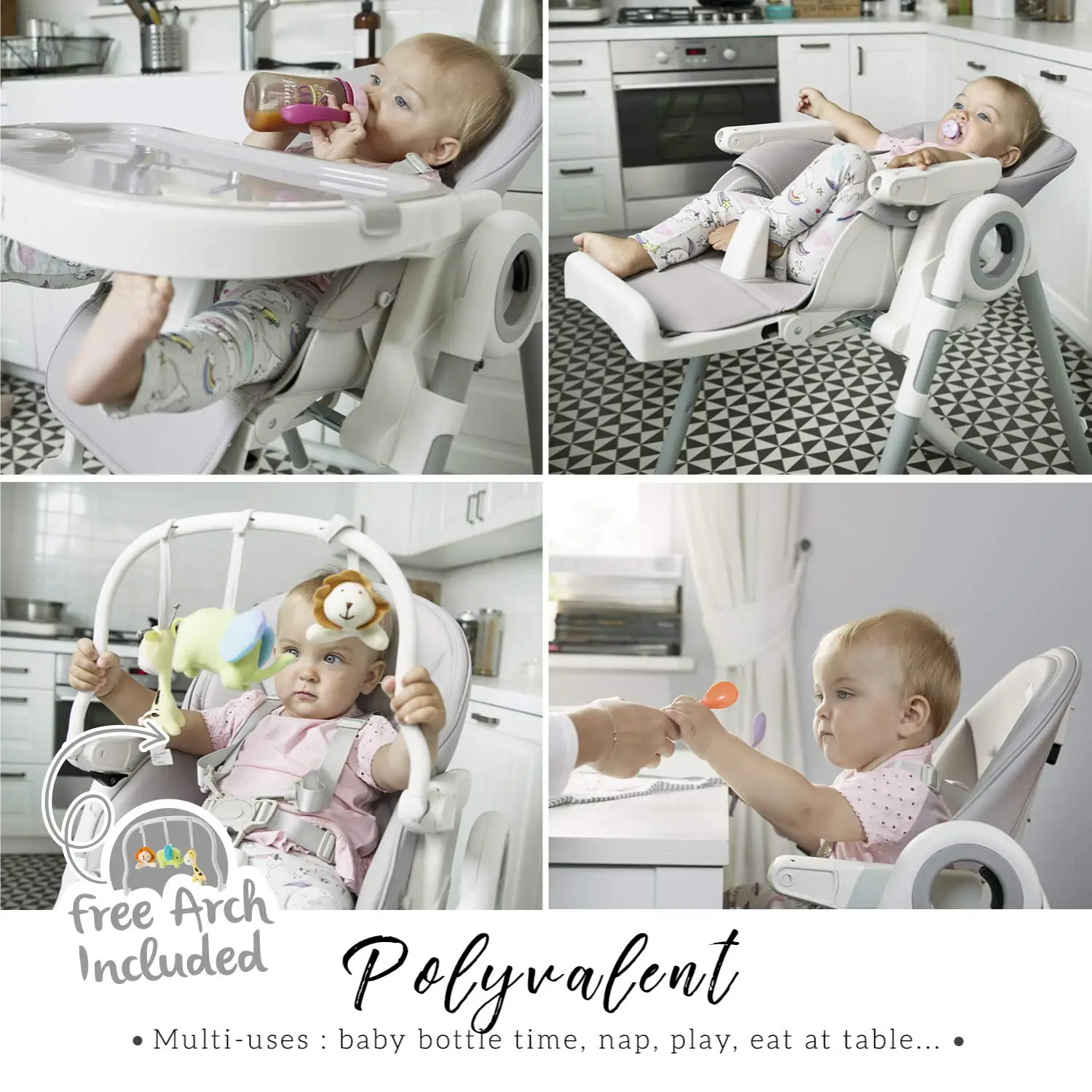 Baby High Chair Adjustable to 7 Different Heights - Grey Baby Chair -  para Comer  -  High Chairs for Babies and Toddlers