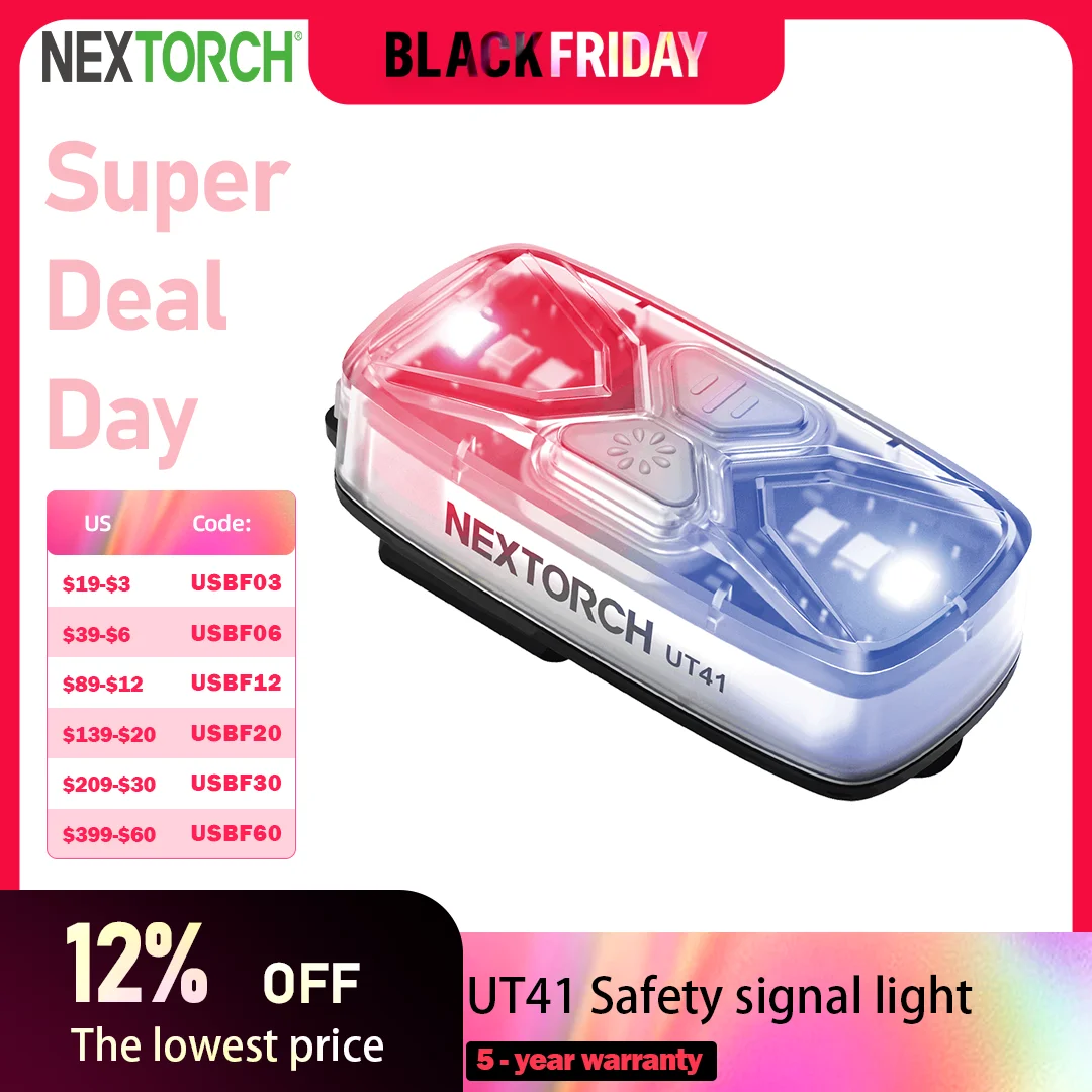 Nextorch UT41 Police Flashlight, Shoulder Warning Emergency Light with 6 Light Sources, Type-C Rechargeable LED Signal Light for