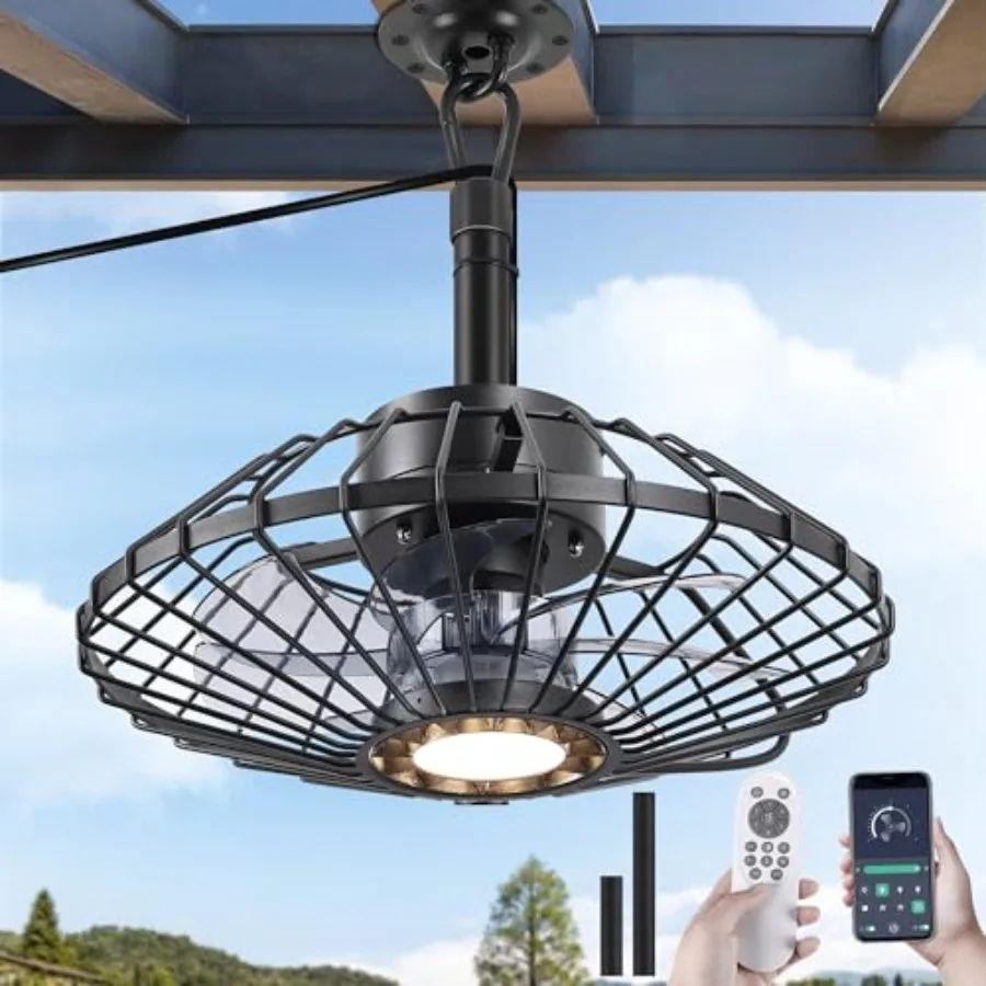 

Outdoor ceiling fan with lights for porch, pergola, canopy: 15 weatherproof caged hanging fan in black, 3CCT dimmable LED, smar