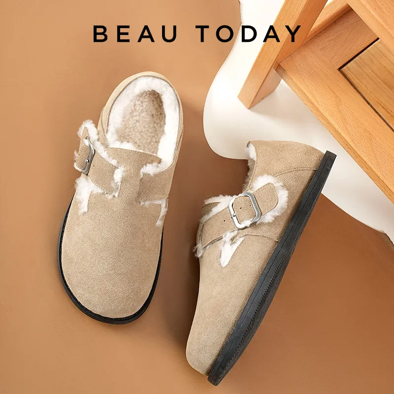 BEAUTODAY Casual Leather Flats Women Cow Suede Slip-on Buckle Strap Winter Warm Wool Ladies Shoes Khaki Handmade 27848