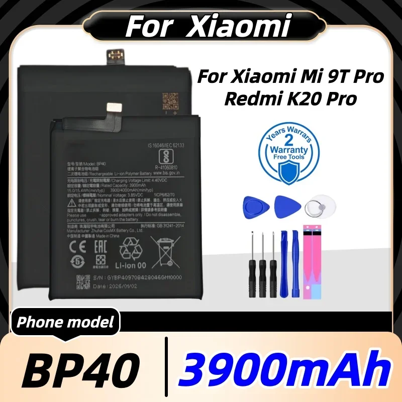 100% New BP40 Battery 3900mAh For Xiaomi Redmi K20 Pro / Mi 9T Pro BP40  Phone Replacement Batteries+Free Tools