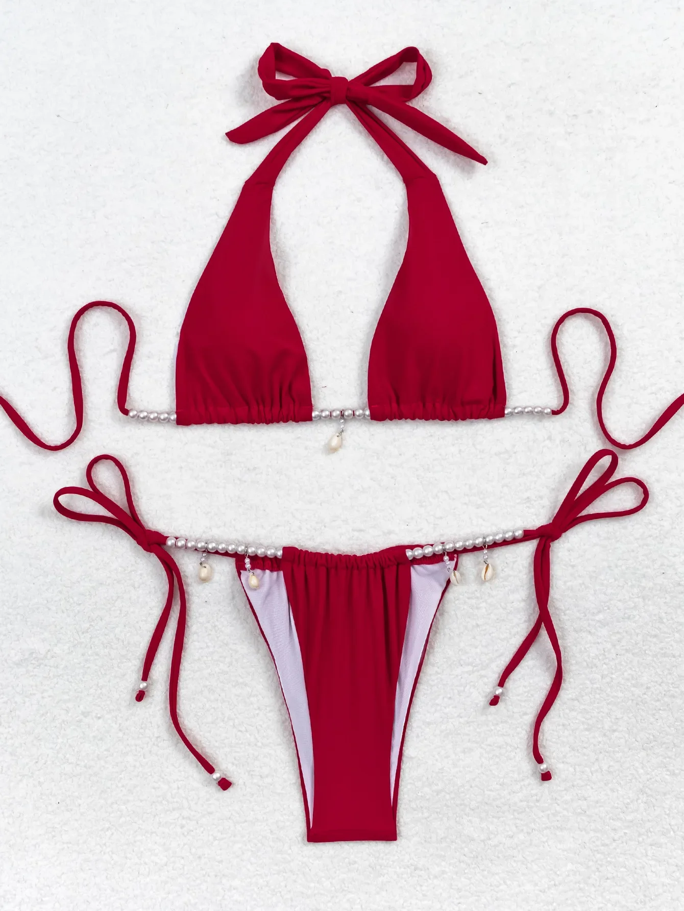 Luxury Pearl Shell Bikini set 2025 Women Sexy Red Push Up Micro Swimsuit Bathing Suit Pleate Tie Side thong Swimwear biquini