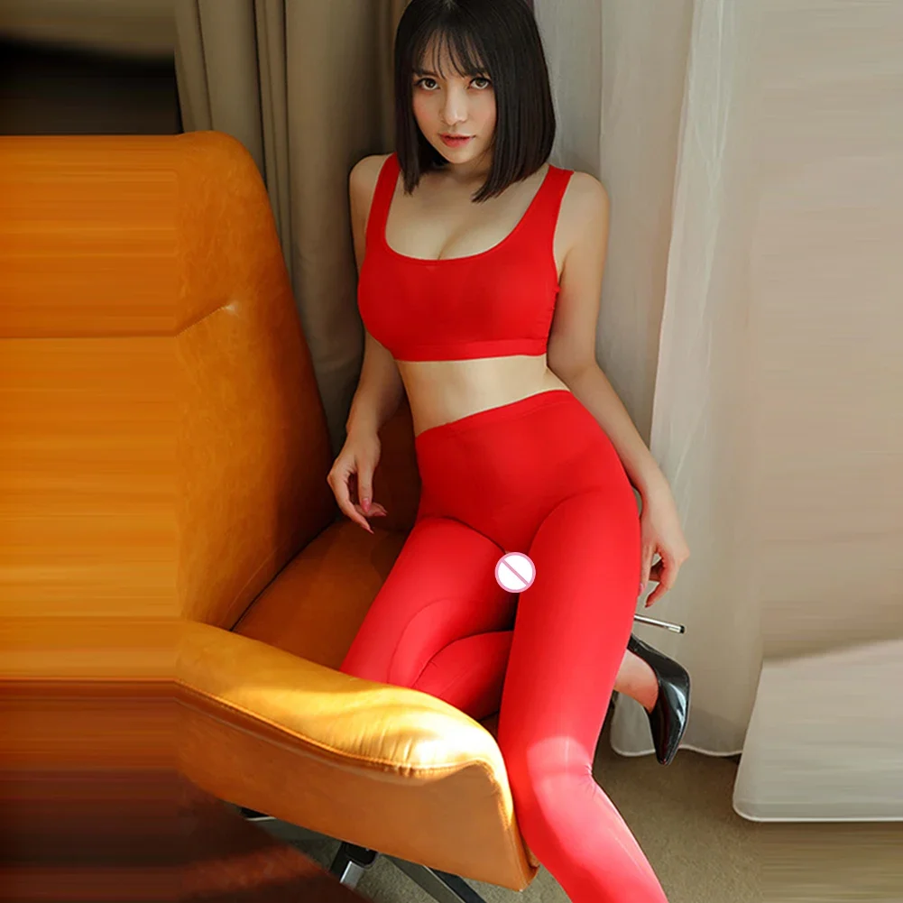 

Ice Silk Sheer Women Sexy Lingerie Set Leggings Stretch Pants Translucent Tank Top Elastic Nightgown Underwear Pink Black