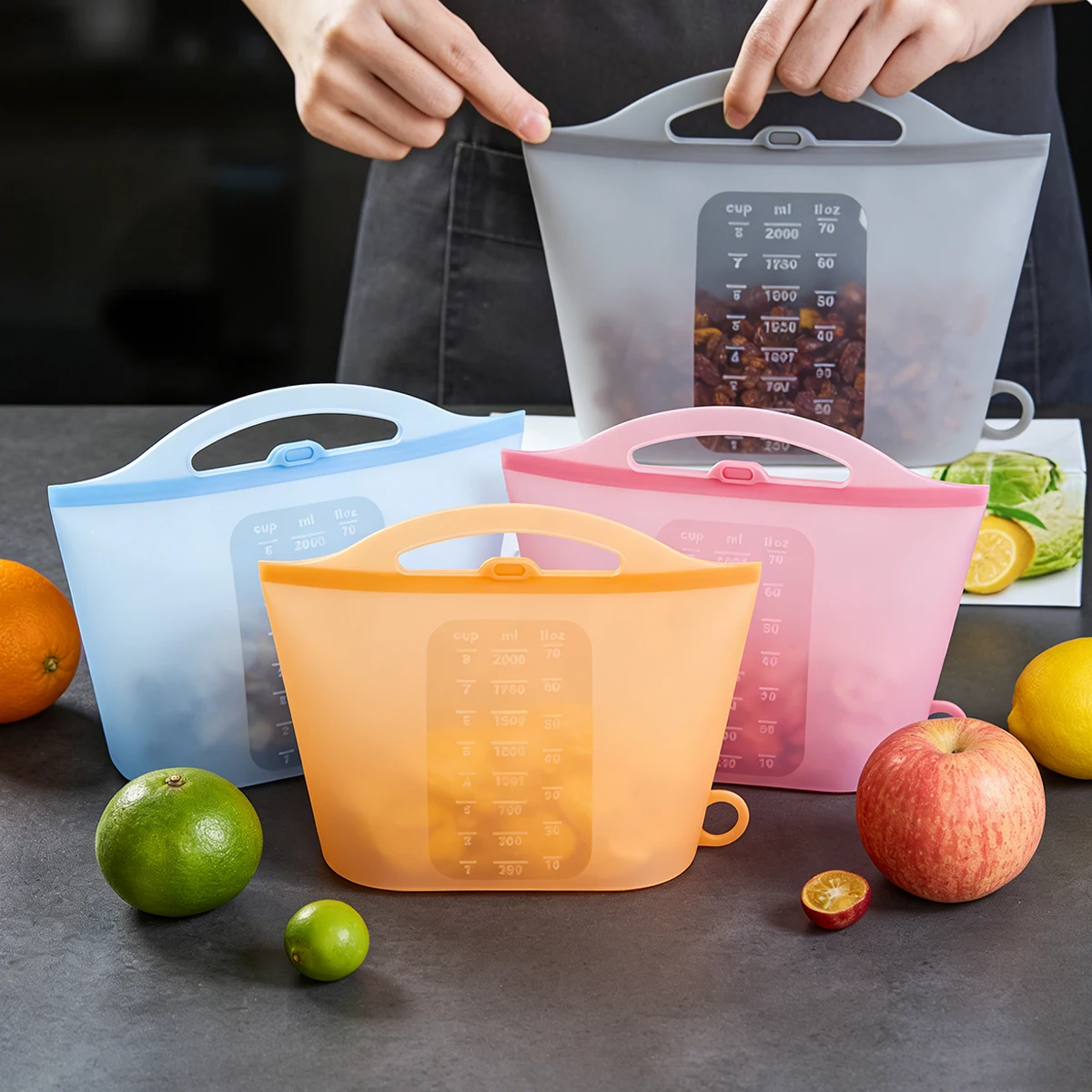 Sac de stérilisation pliable en silicone de grande capacité de 2000 ml, sac de stérilisation de qualité alimentaire résistant aux hautes températures, sac de stérilisation portable avec échelle graduée
