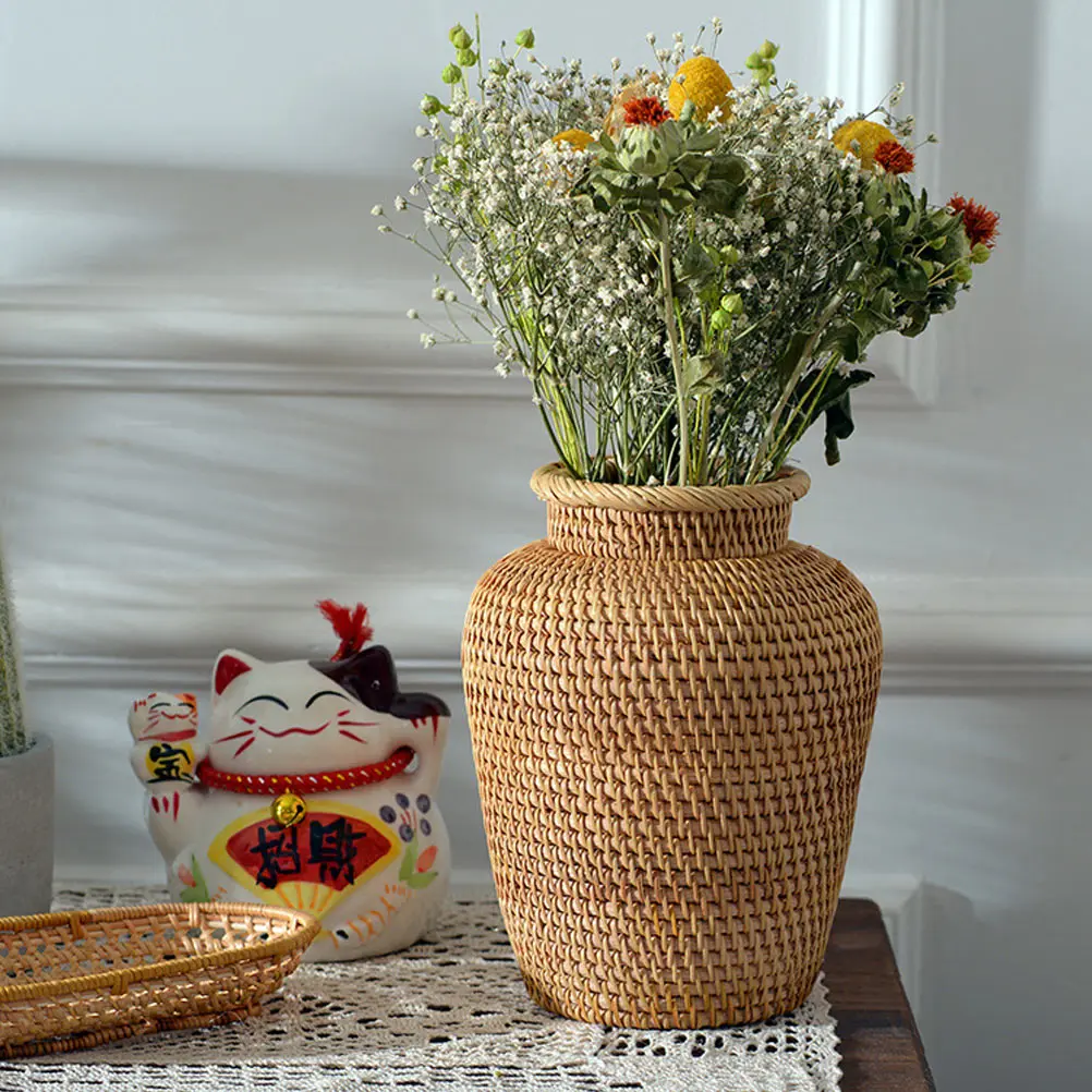 1pc Rattan Vase Woven Flowerpot Desktop Basket Dry Flower Container Natural Material Storage Solution House Decoration