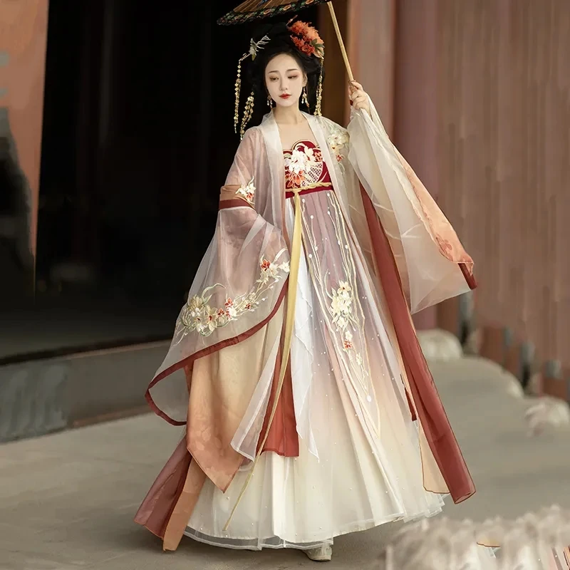 2025년 한복 여성 데일리 중국 전통 의상 당나라 스타일 빨간색 허리 길이 긴팔 슈트 드레스 의상