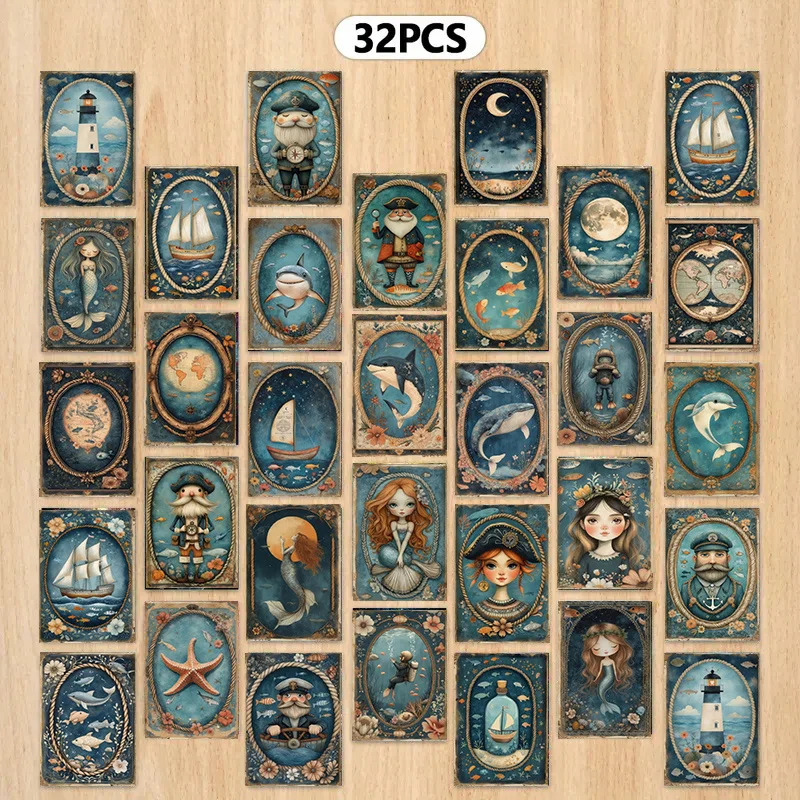 32PCS Retro Fantasy Fairy Tale Mermaid Postcards, Marine Creatures Starfish Sharks and Other Cards