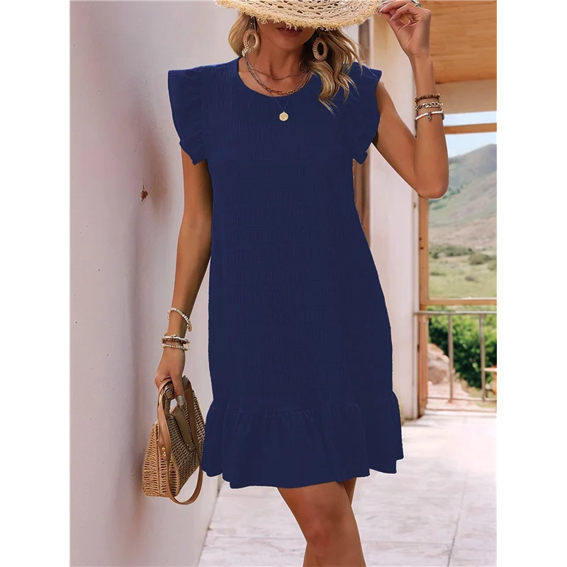 فساتين الصيف A09P للنساء جولة الرقبة كاب الأكمام كشكش تنحنح عارضة سموك البسيطة اللباس