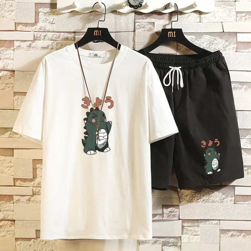 

Suit Short-sleeved Suit Men's Summer Dinosaur Tide Brand Half-sleeved T-shirt Large Size Student Casual Five-point Pants Men