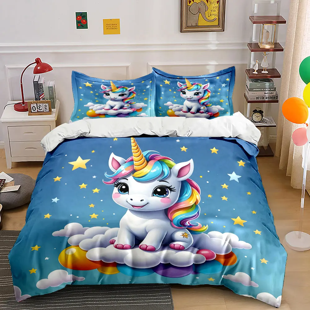 Cute unicorn on cloud in dreamy sky Duvet Cover Set with 3D Printing Design Soft Polyester Bedding Set All-Season Comfort
