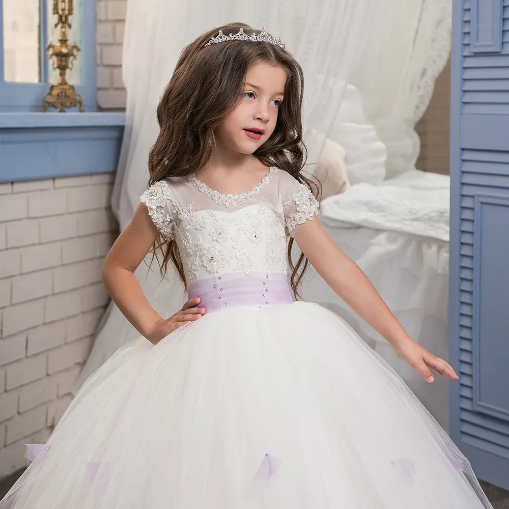 Applique Flower Girl Dress For Wedding Lace White Floor Length With Bow Kids Birthday Ball Gowns First Communion Dress