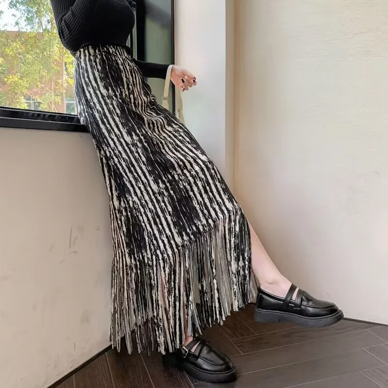 تنورة نسائية ريترو التعادل مصبوغ شرابة تنورة مرنة الإناث الخريف تصميم الشعور المتخصصة عالية الجودة تحسس عالية الخصر سليم ألين فستان