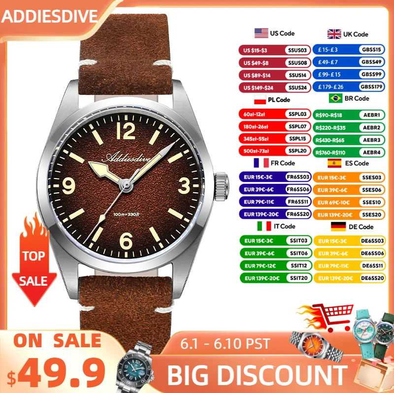 

ADDIESDIVE Watch Men New Sapphire 36mm Ultra-thin Quartz Wristwatch 100m Waterproof C3 Luminous Leather Strap Retro Watches