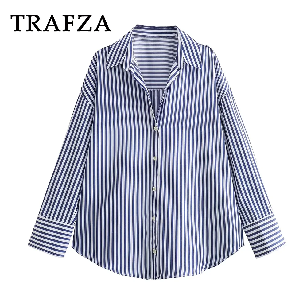 TRAFZA-camisa informal de popelina para mujer, camisa holgada a rayas con cuello vuelto, Estilo Vintage elegante, a la moda, para otoño e invierno, 2023