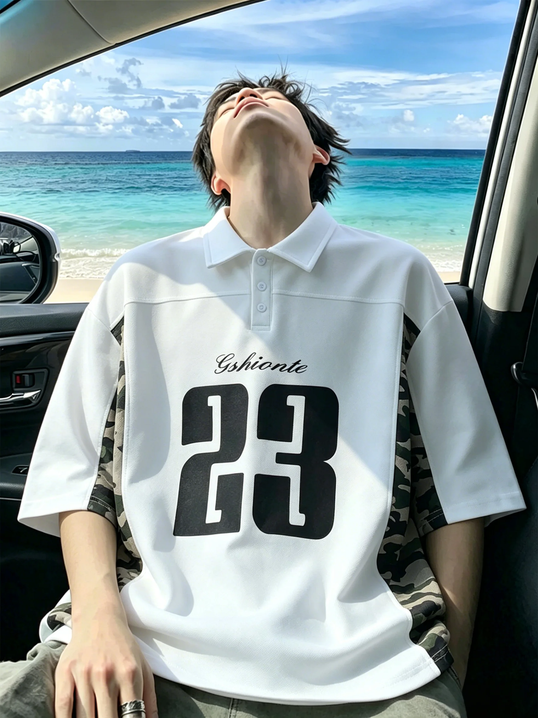 Black  Shirt Short Sleeve Camouflage Patchwork Jersey Style Men's Summer T-Shirt American College Style False Two-Piece