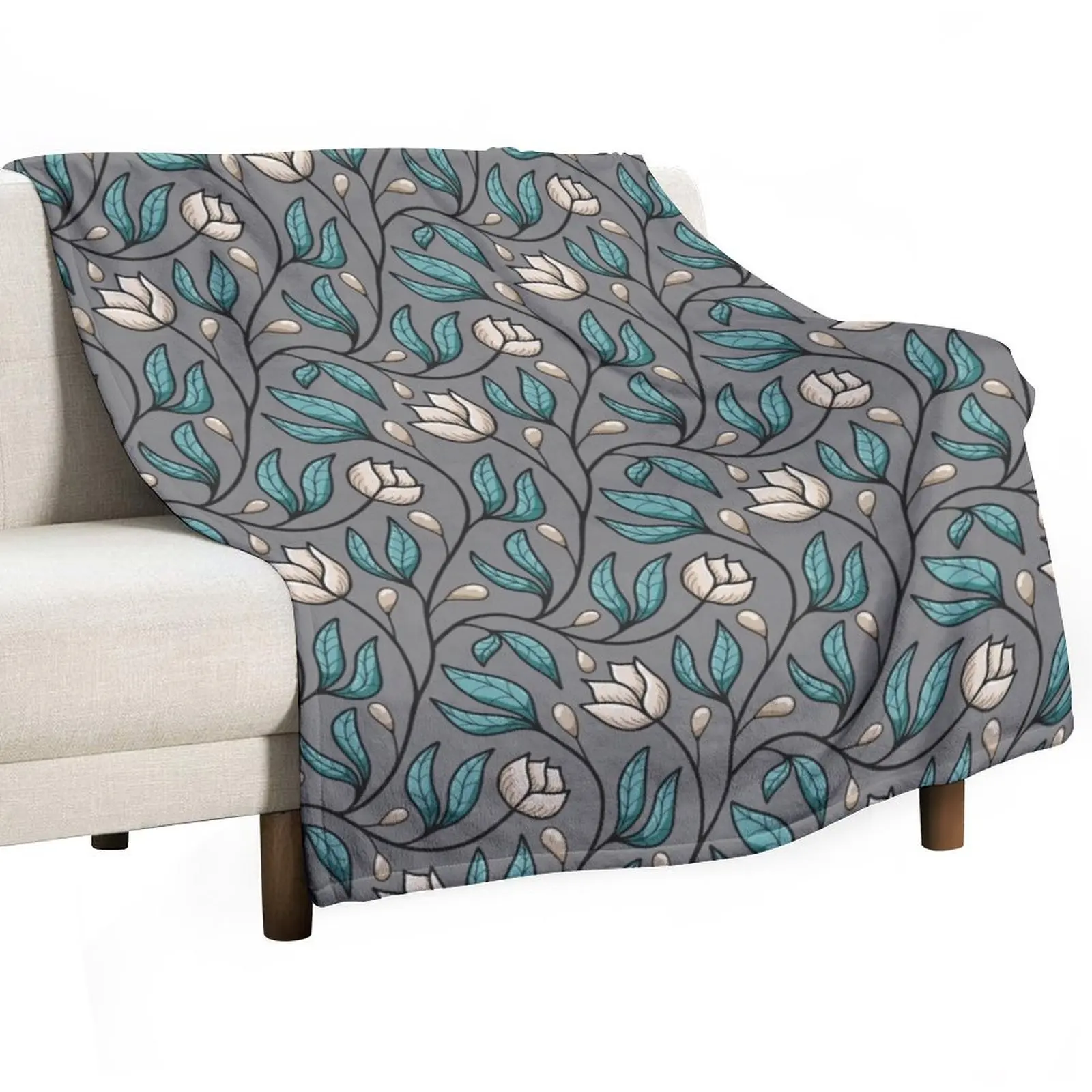 Roses floral vine, flowers, leaves and berries pattern in cream, teal and grey Throw Blanket Loose Plush Blankets