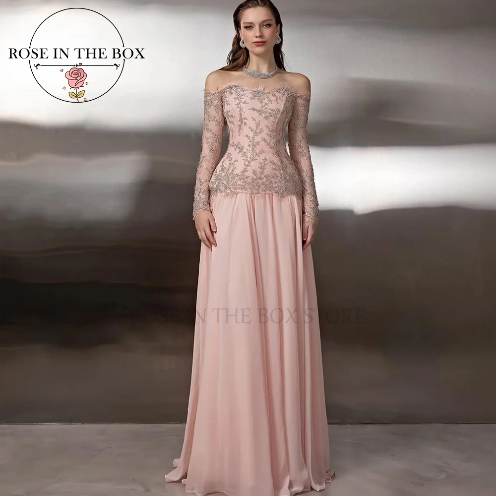

ROSEINTHEBOX Элегантные розовые вечерние платья с открытыми плечами по индивидуальному заказу и длинными кружевными рукавами для роскошных вечерних платьев Galas