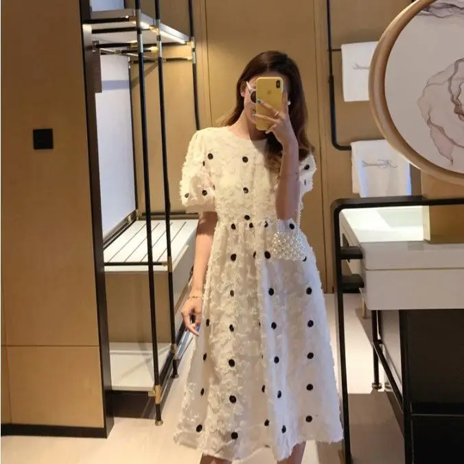 Polka Dot Chiffon Short-sleeved Dress Medium Length Loose Women\'s Summer Dress 2023 New Loose Skirt