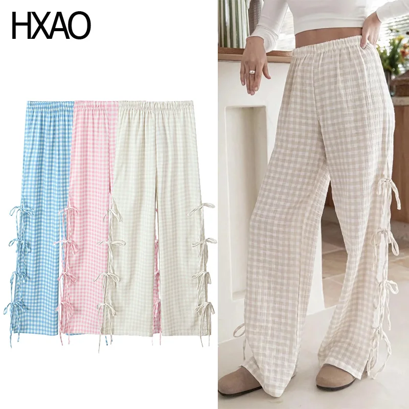 

HXAO Women Plaid Pants Bow Lace Up Baggy Pants Beige Slack Striped Elastic High Waist Pants Wide Leg Pants Summer Woman Trousers