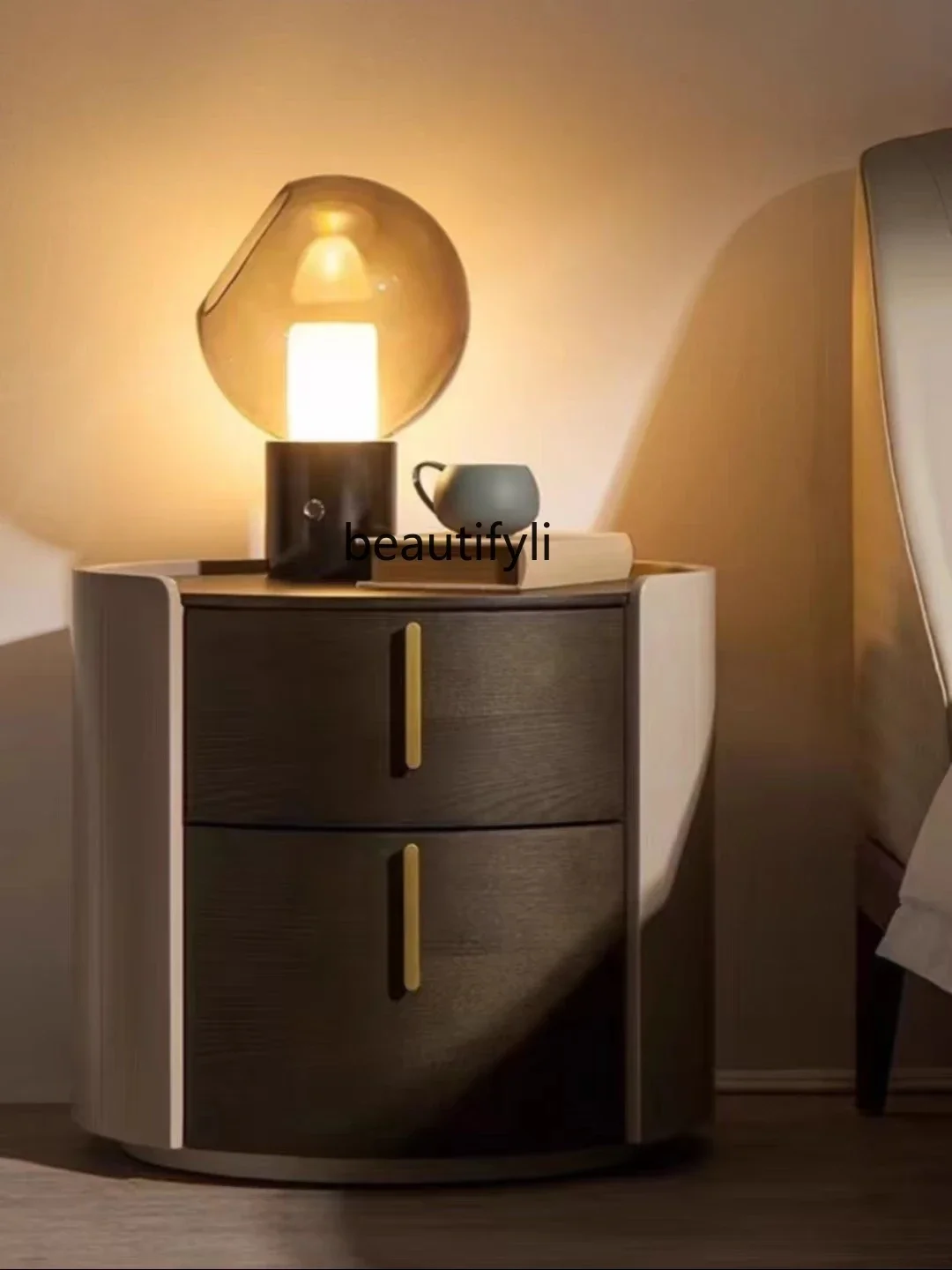 

zxqItalian Minimalist round Solid Wood Bedside Cabinet Designer Bedroom Smoky Ins Paint Bedside Cabinet