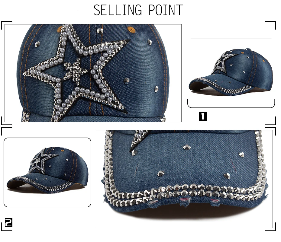 Y2K Pentagramm Denim Tuch Baseball Kappe Frauen Mode Vintage Snapback Männer Weibliche Hip hop Glänzenden Strass Hut Für Frühling Herbst – Detail 2
