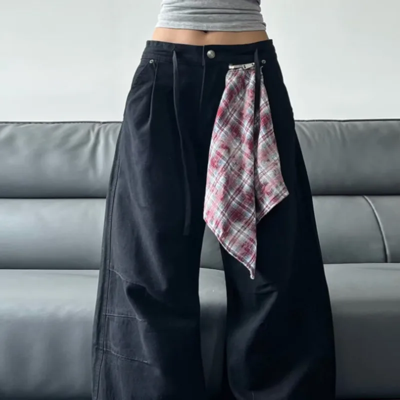 ANJY otoño nuevas mujeres Y2K Jeans a cuadros bolsillo decorativo Denim lavado americano Retro High Street Casual Ins pantalones de pierna ancha A10160