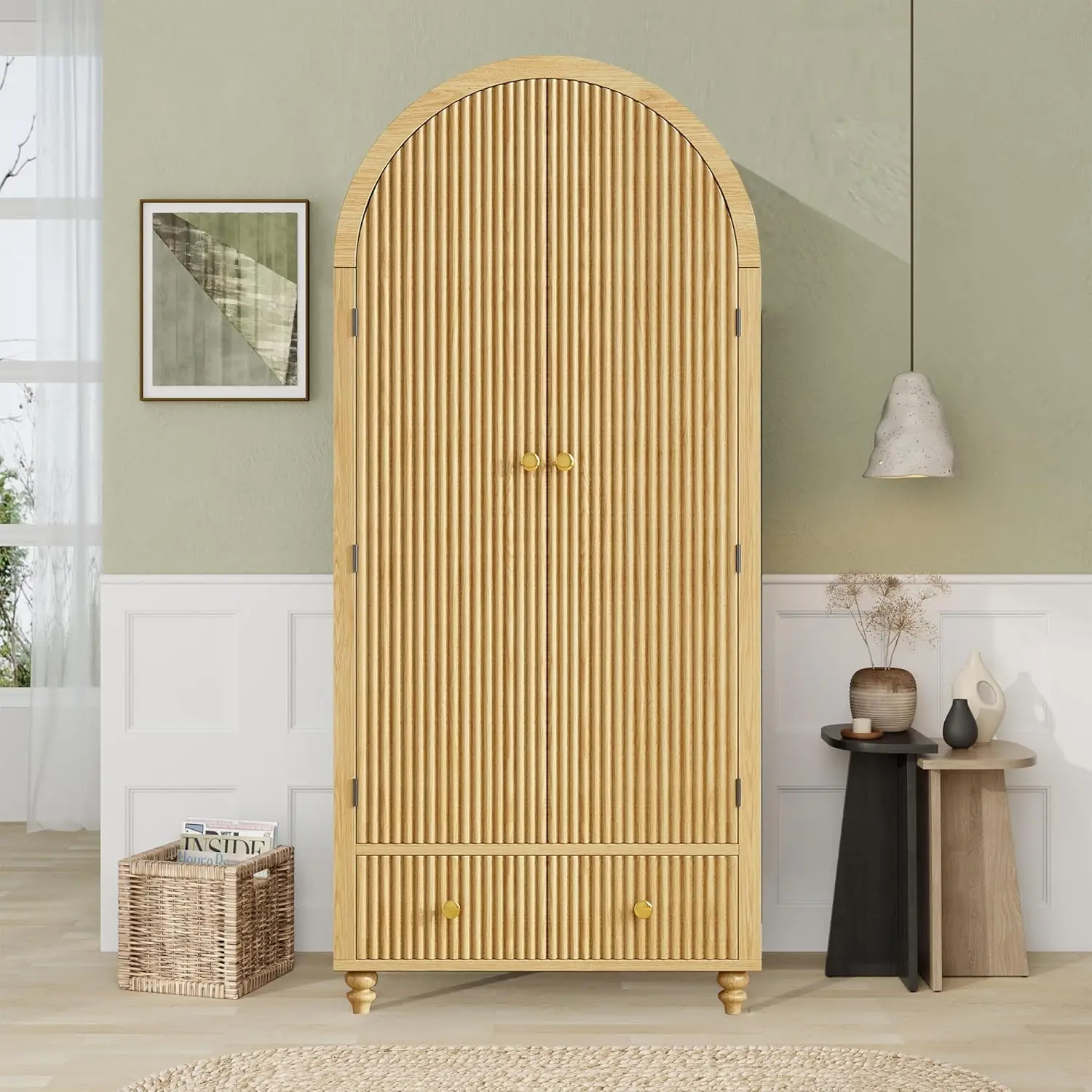 

Modern Arched Wooden Storage Cabinet with Fluted Doors, Mid-Century Modern Accent Wardrobe with Gold Knobs