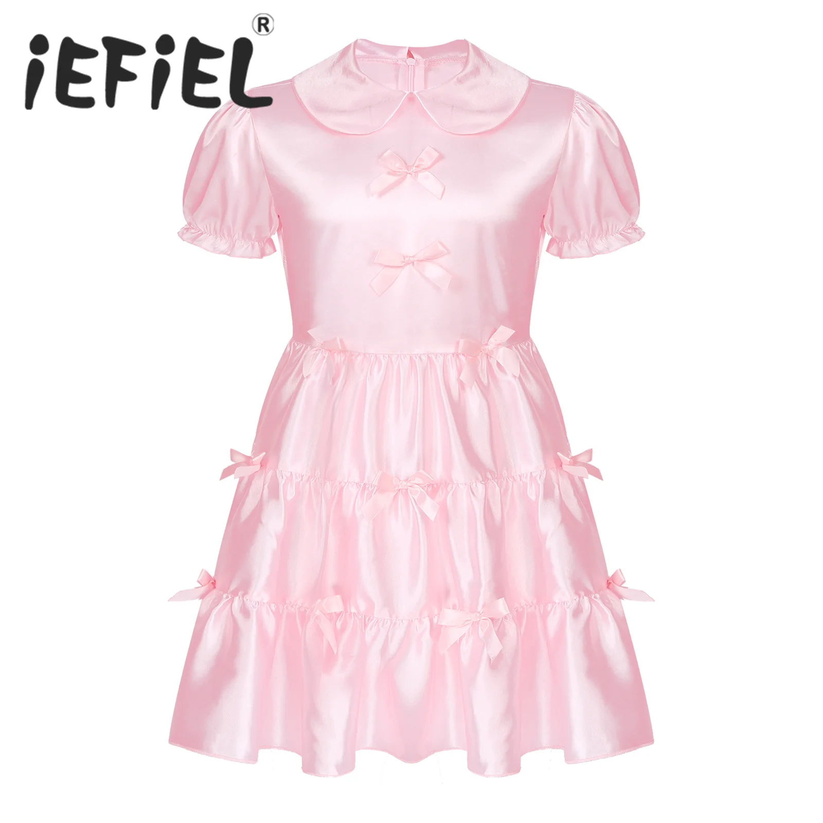 

Mens Adults Lingerie Sissy Chiffon Outfit Doll Collar Short Puff Sleeve Frilly Crossdress Dress with Ruffled Underwear Panties