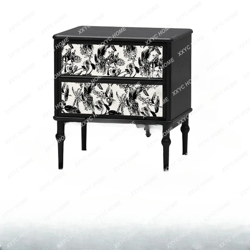 Retro style solid wood bedside table, black, small bedroom locker