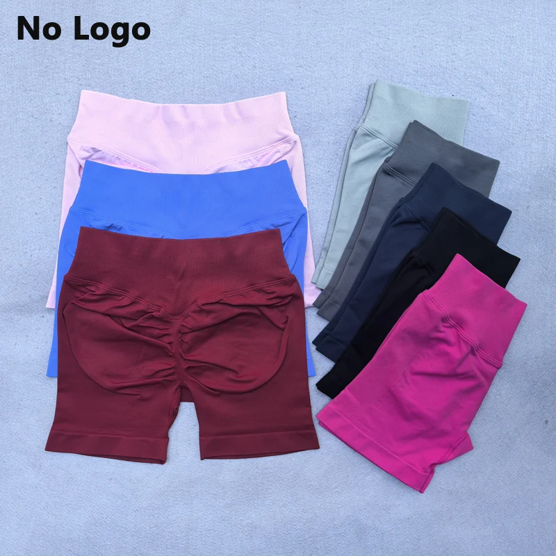 No Logo Sexy V Back Low Ribbed Waist Band Yoga Shorts Seamless Scrunch Bum Workout Gym Shorts Booty Hight Stretch Running Shorts