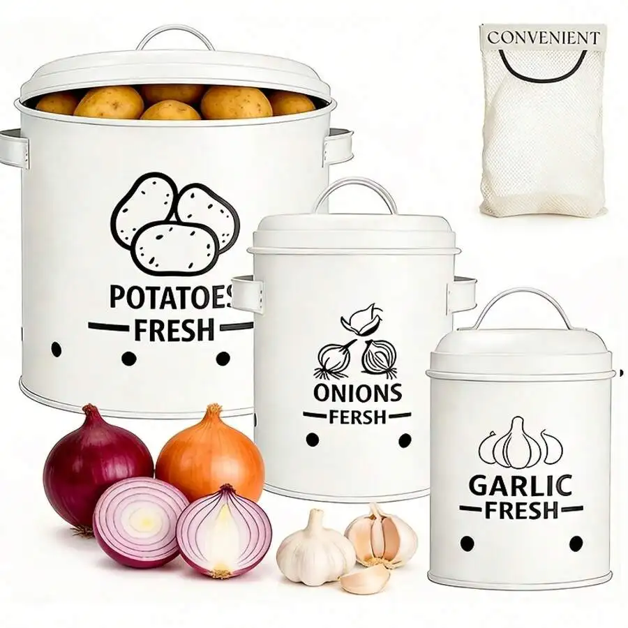 VAETTLO 3-Piece Metal Vegetable Storage Container Set With Lids - Breathable Potato, Onion, And Garlic Holder Bin With Ventilati