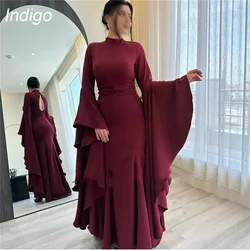 Indigo Prom Dresses Mermaid Long Sleeve High Collar Open Back Ankle-Length Simple Evening Gowns For Women فساتين الس Customized