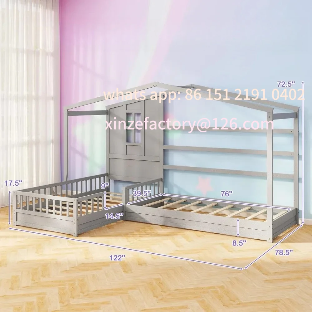 

Customizable winter House Platform Bed w/Window & Roof, MAT EXPERT L Shaped Twin Beds for Double, Fence & Slats, Corner