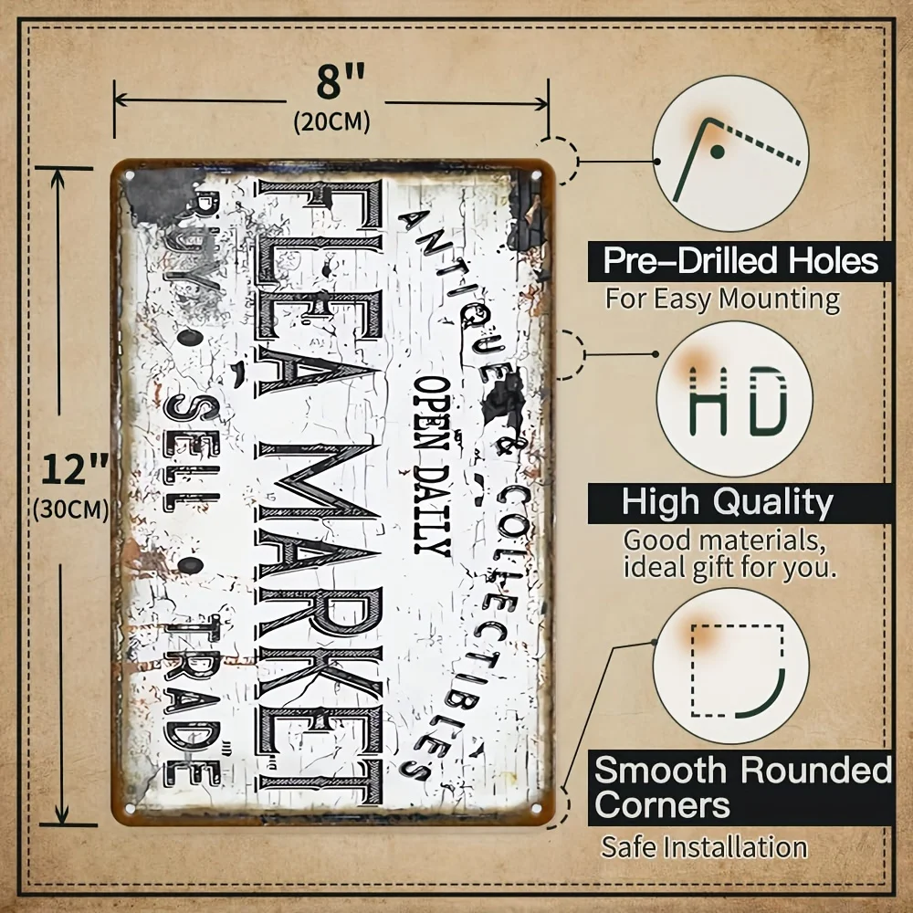 خطة أرضية ثنائية الأبعاد، قطعة واحدة من لافتات معدنية عتيقة لسوق البراغيث - زخرفة جدارية ريفية عتيقة مع "FLEA MARKET" والتجارة #3