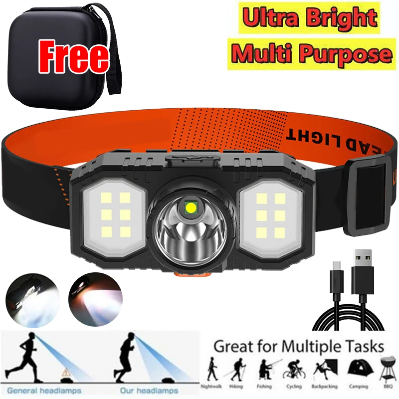 Ultra Bright COB LED Headlamp with Built in Battery Hundred Meters Long Range USB Rechargeable Head Torch Light For Outdoor Camp