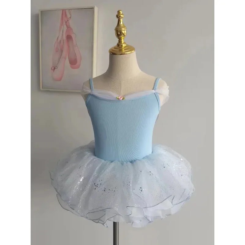 

Girls Dance Ballet Leotards Short Ruffle Sleeve Criss Cross Straps Back Shiny Sparkle Tutu Skirt Rhythmic Gymnastics Dress Fairy