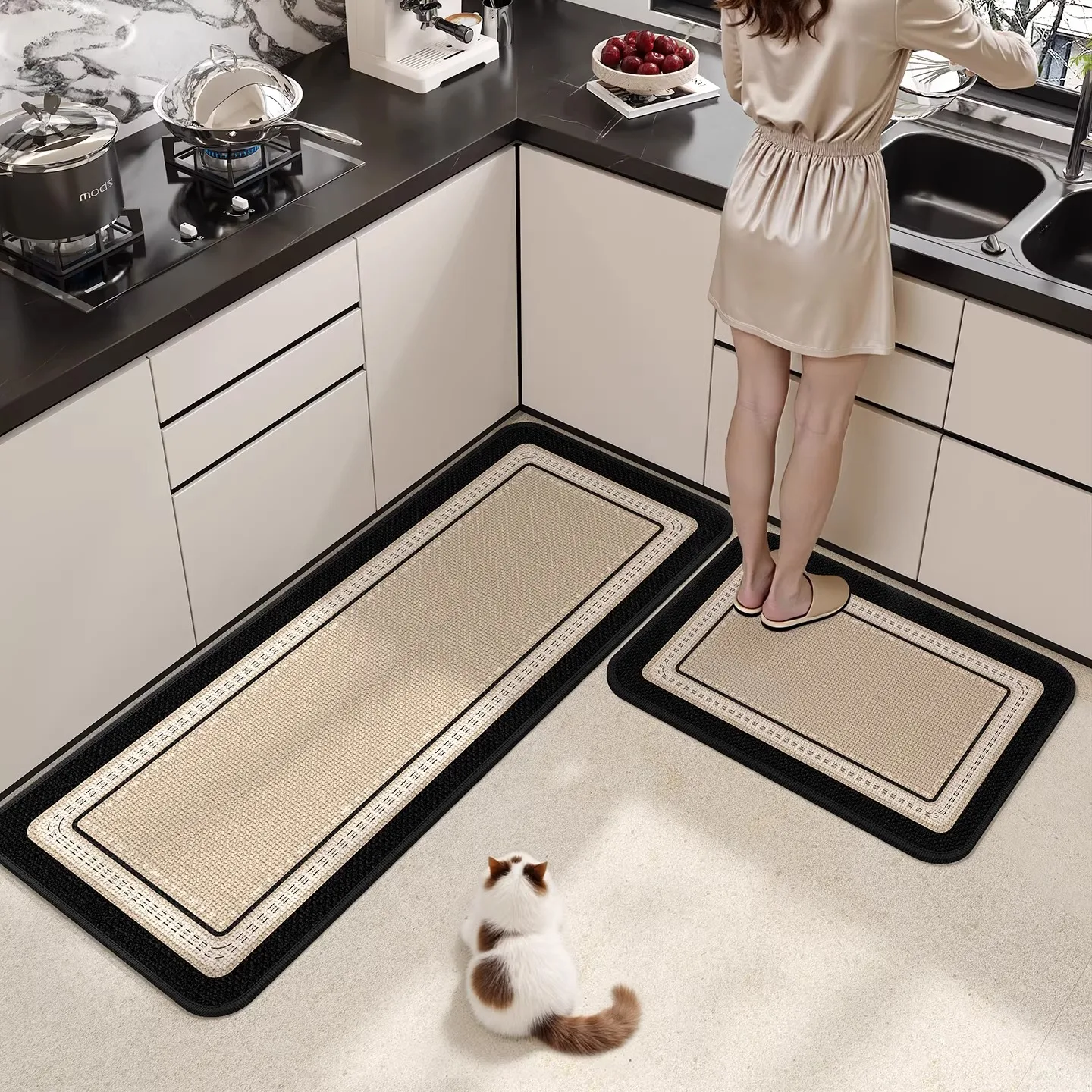 Kitchen Floor Mat Home Decoration Rug Non-slip Oil-proof Carpet Linen Texture Beige Pattern Area Rugs Wear-resistant Foot Mats